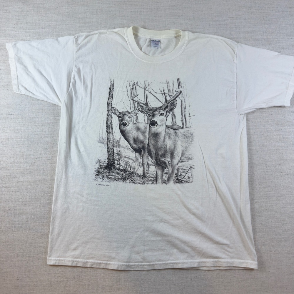 Gildan Heavy Cotton Deer Graphic T-Shirt White XL Springhill Nature Wildlife Tee